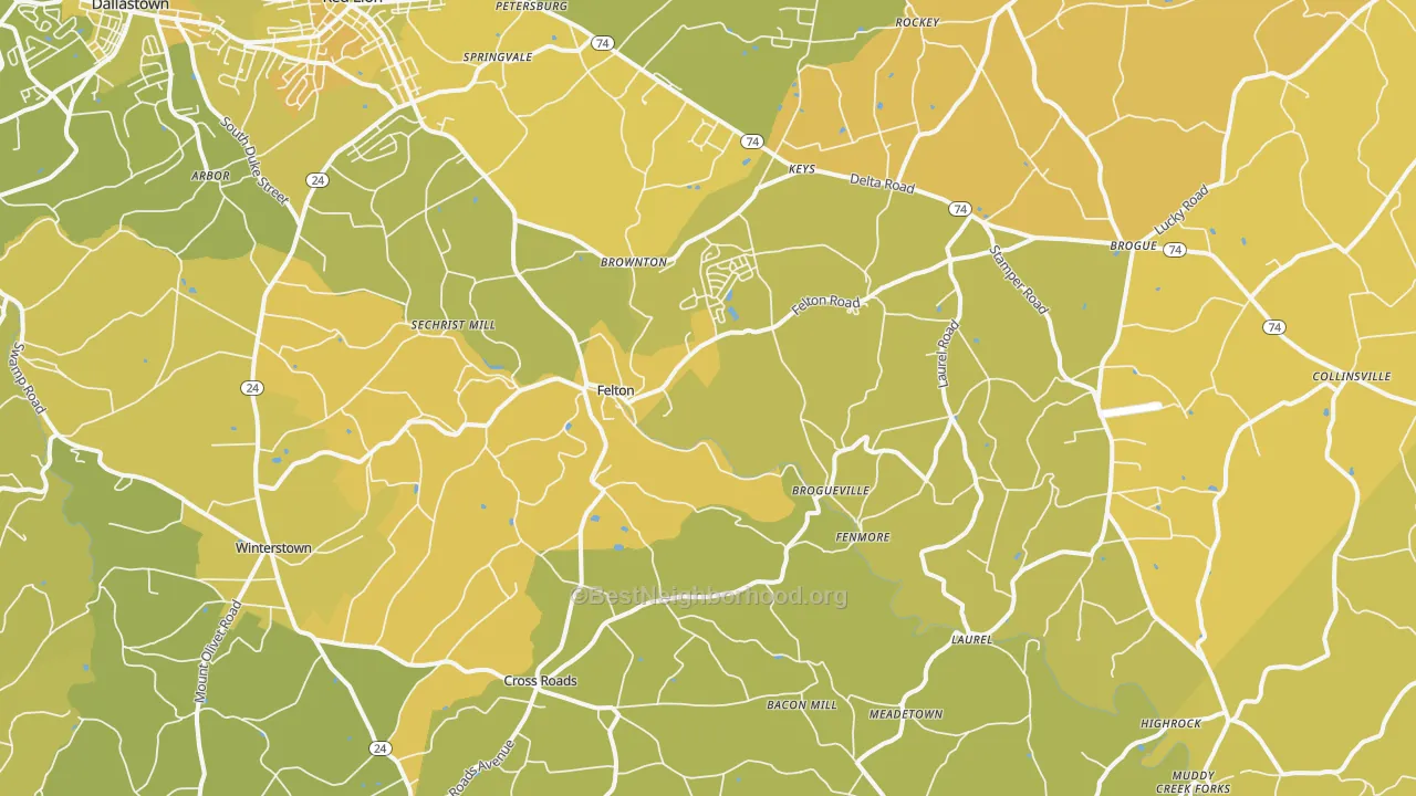 Map of the best neighborhoods in the Felton area, with better matches in green and worse matches in red