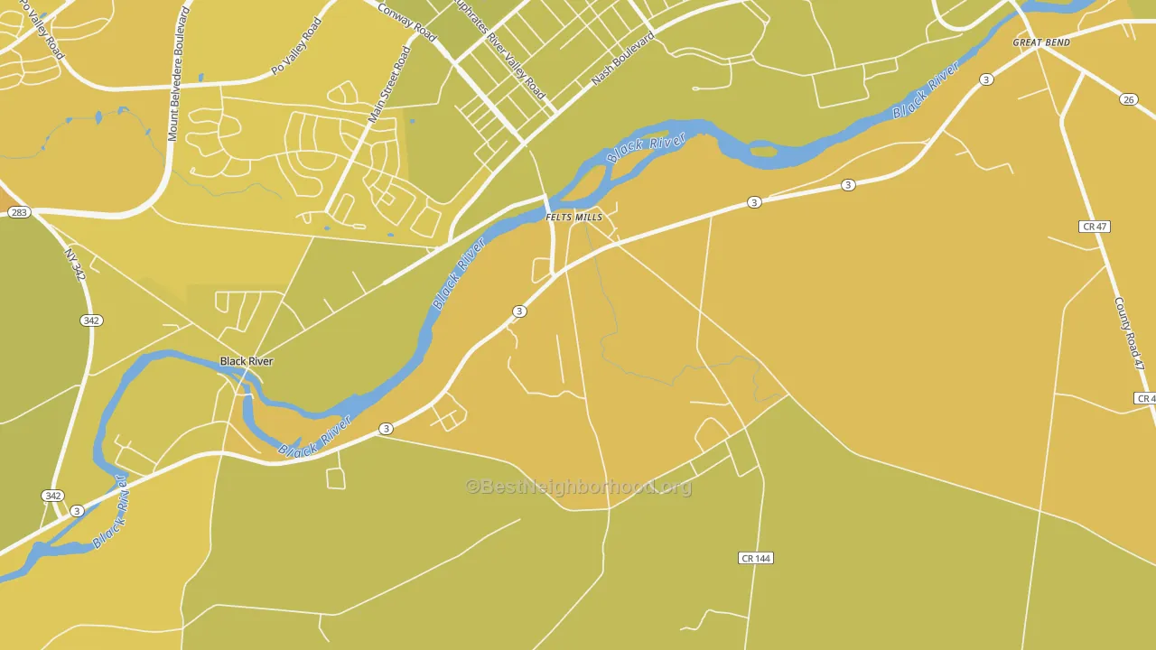 Map of the best neighborhoods in the Felts Mills area, with better matches in green and worse matches in red