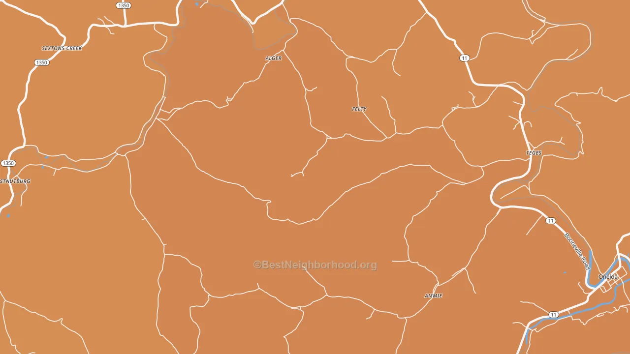 Map of the best neighborhoods in the Felty area, with better matches in green and worse matches in red