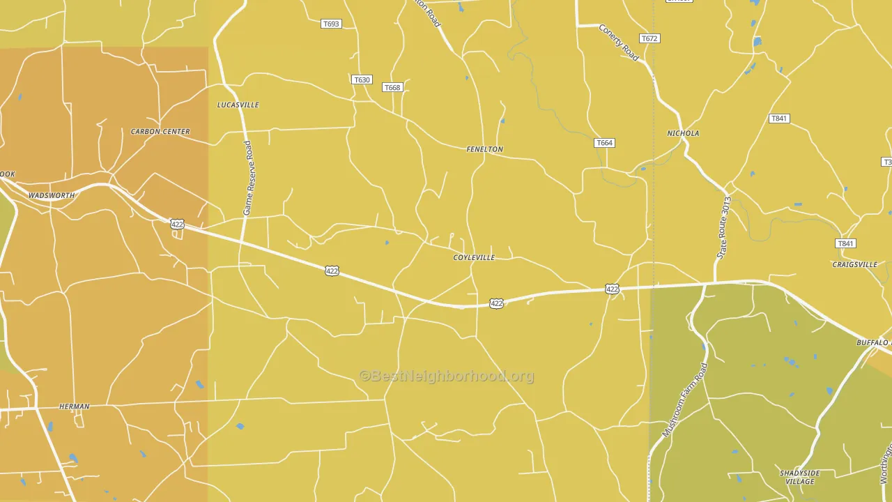 Map of the best neighborhoods in the Fenelton area, with better matches in green and worse matches in red