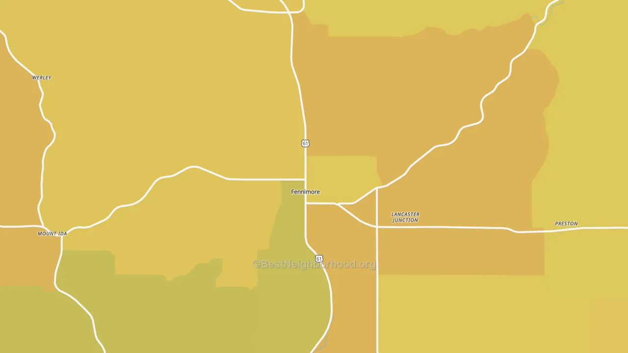 Map of the best neighborhoods in the Fennimore area, with better matches in green and worse matches in red