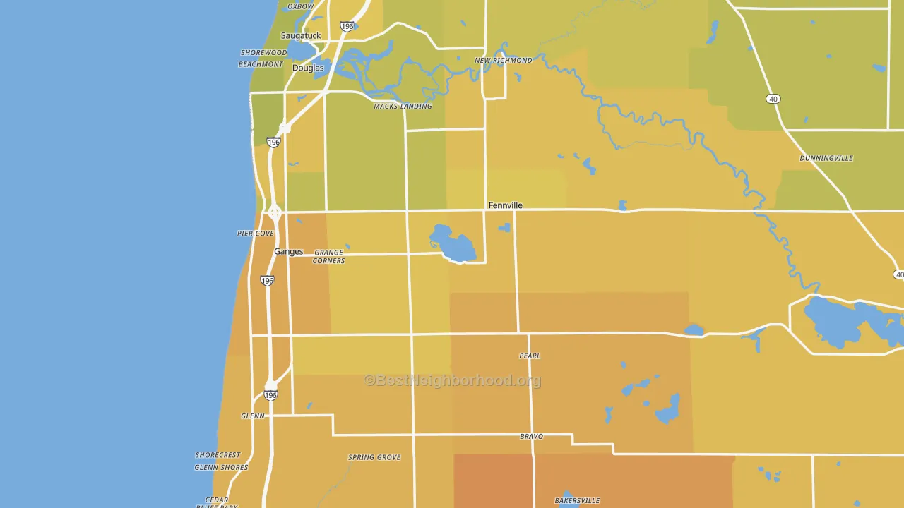 Map of the best neighborhoods in the Fennville area, with better matches in green and worse matches in red