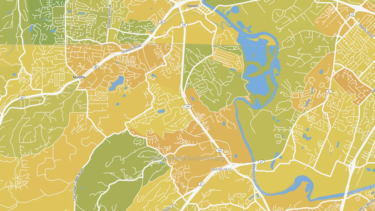Map of the best neighborhoods in the Fenton Area, Fenton area, with better matches in green and worse matches in red