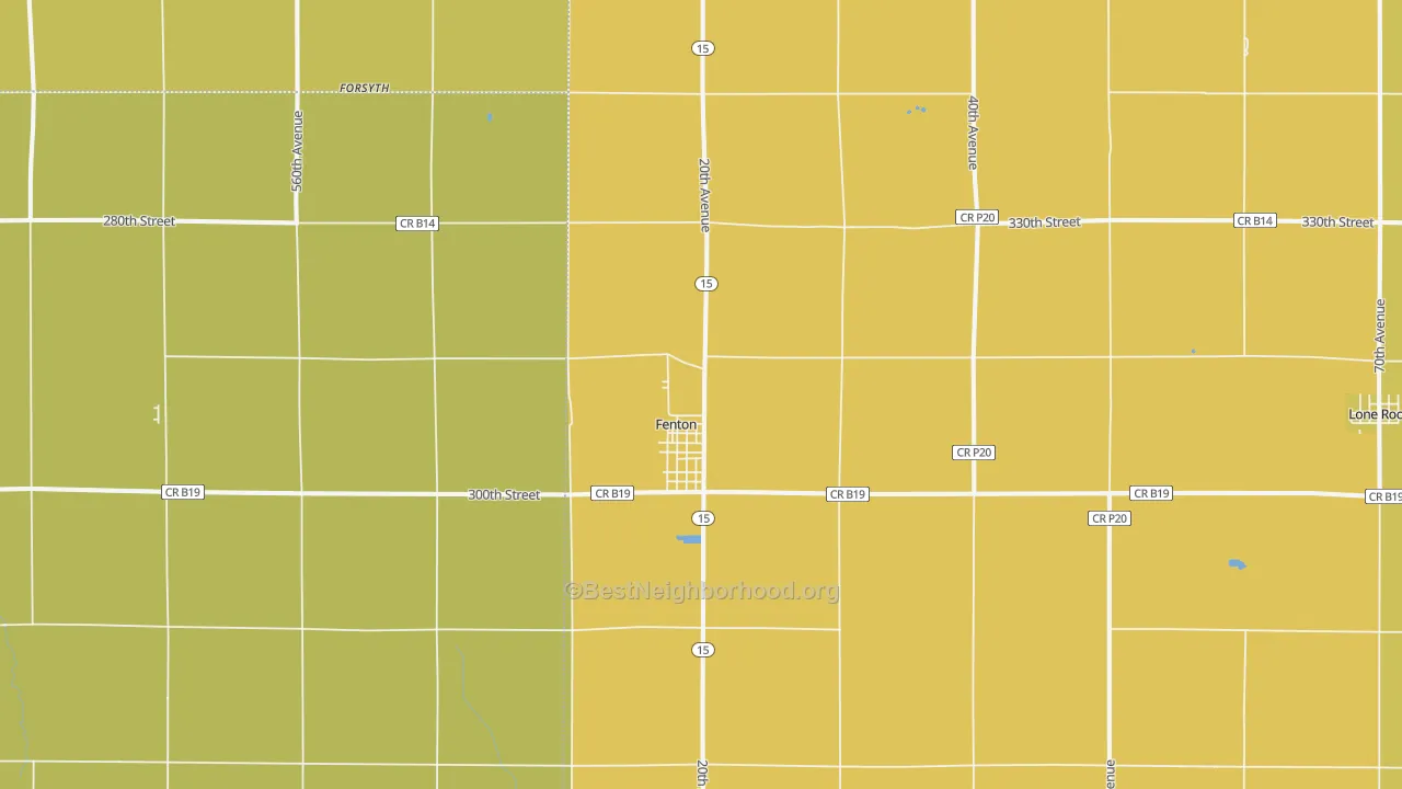 Map of the best neighborhoods in the Fenton area, with better matches in green and worse matches in red