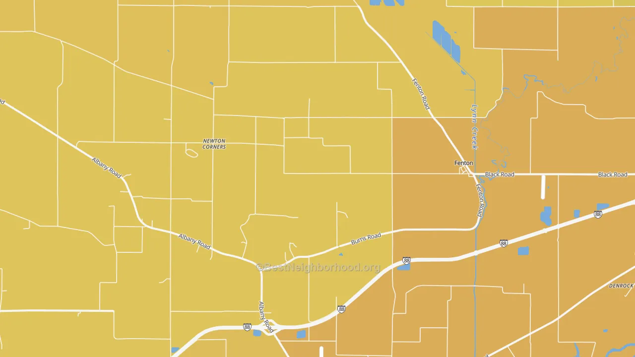 Map of the best neighborhoods in the Fenton area, with better matches in green and worse matches in red