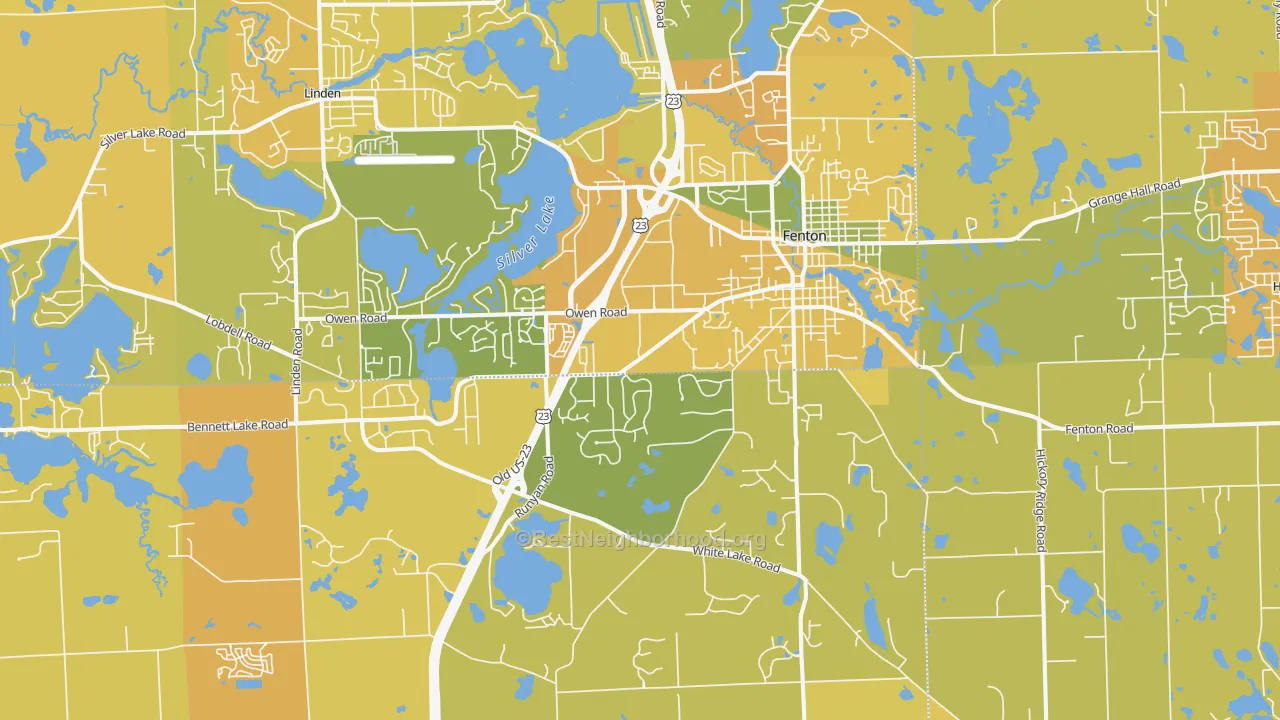 Map of the best neighborhoods in the Fenton area, with better matches in green and worse matches in red