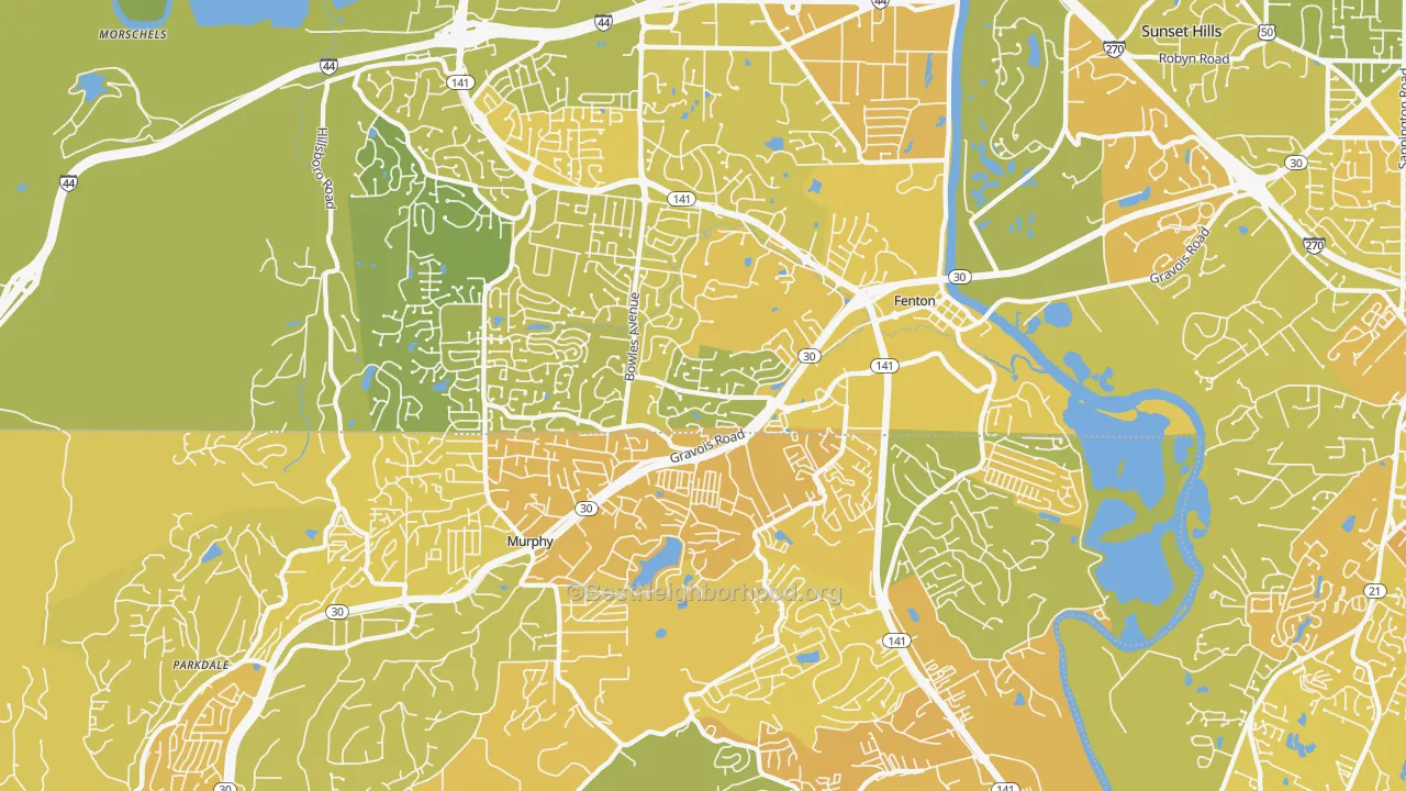 Map of the best neighborhoods in the Fenton area, with better matches in green and worse matches in red