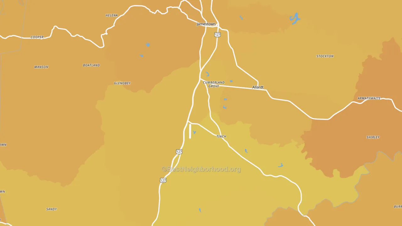 Map of the best neighborhoods in the Fentress County area, with better matches in green and worse matches in red