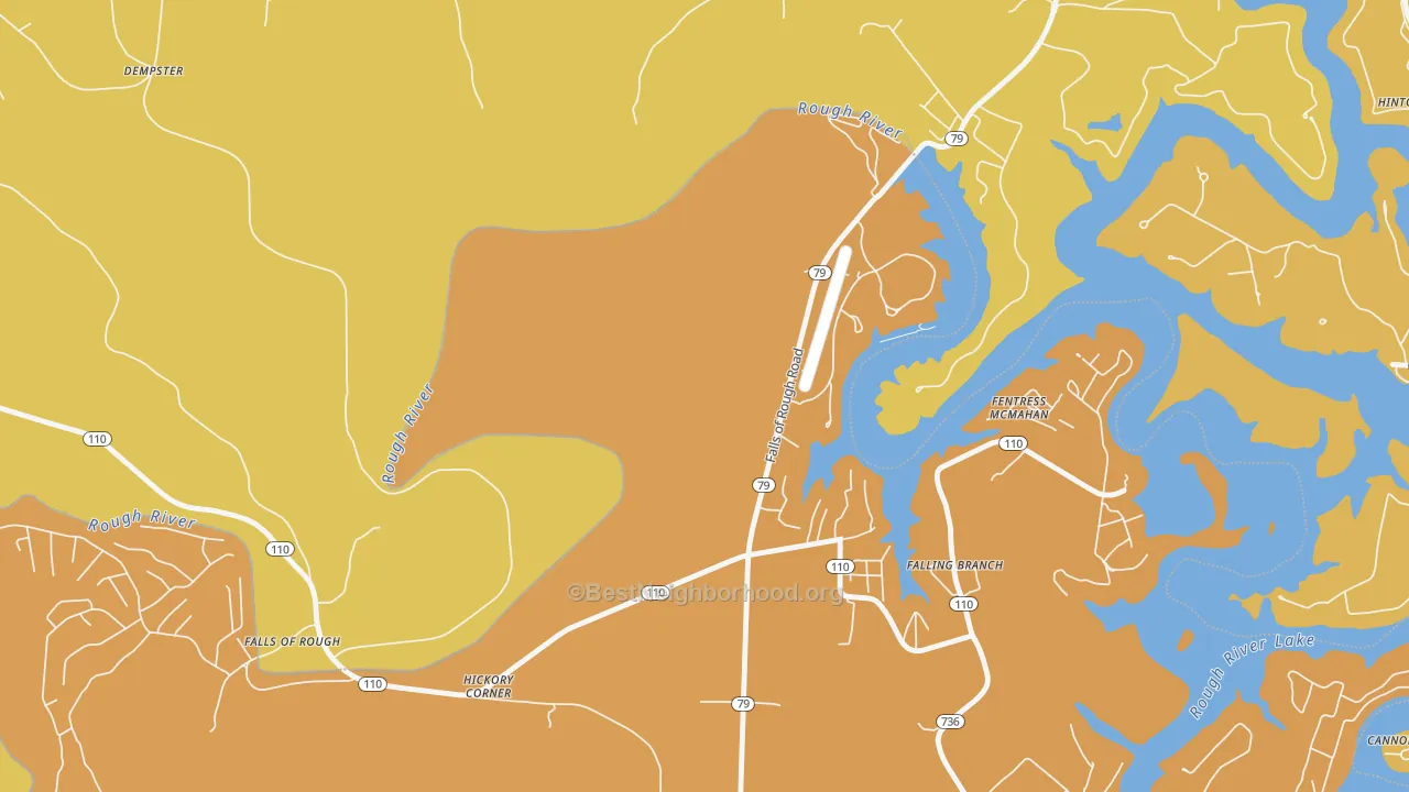 Map of the best neighborhoods in the Fentress McMahan area, with better matches in green and worse matches in red