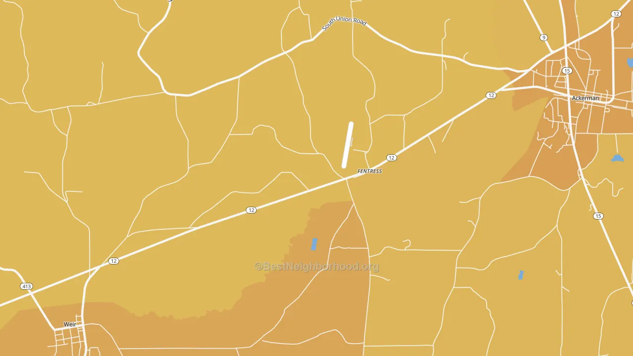 Map of the best neighborhoods in the Fentress area, with better matches in green and worse matches in red