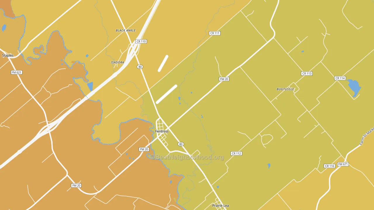 Map of the best neighborhoods in the Fentress area, with better matches in green and worse matches in red