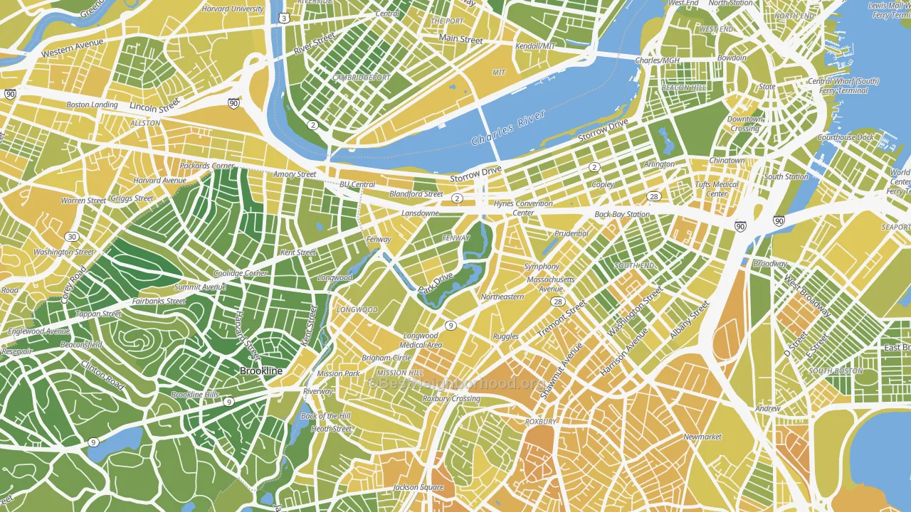 Map of the best neighborhoods in the Fenway-Kenmore, Boston area, with better matches in green and worse matches in red