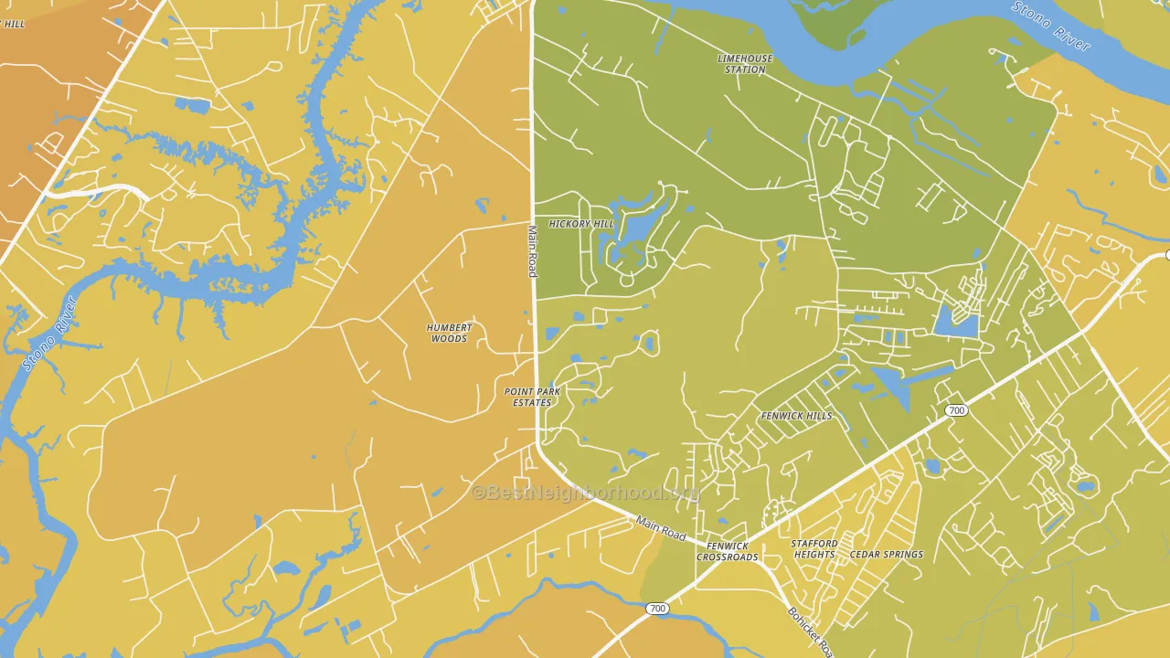 Map of the best neighborhoods in the Fenwick Hills area, with better matches in green and worse matches in red