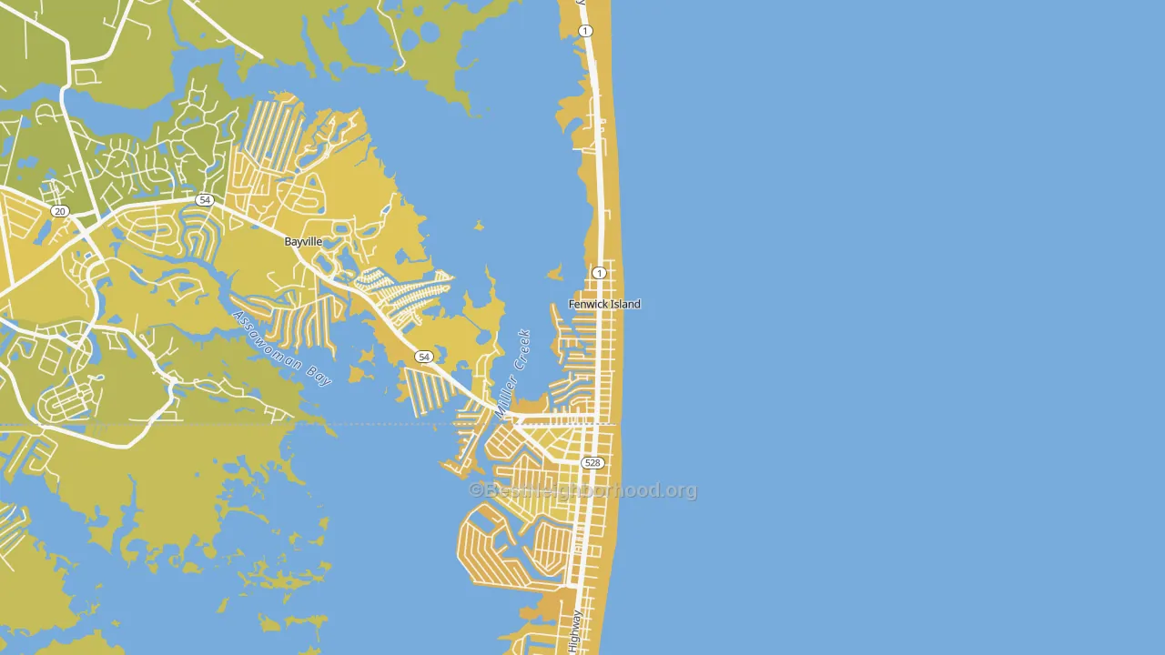 Map of the best neighborhoods in the Fenwick Island area, with better matches in green and worse matches in red