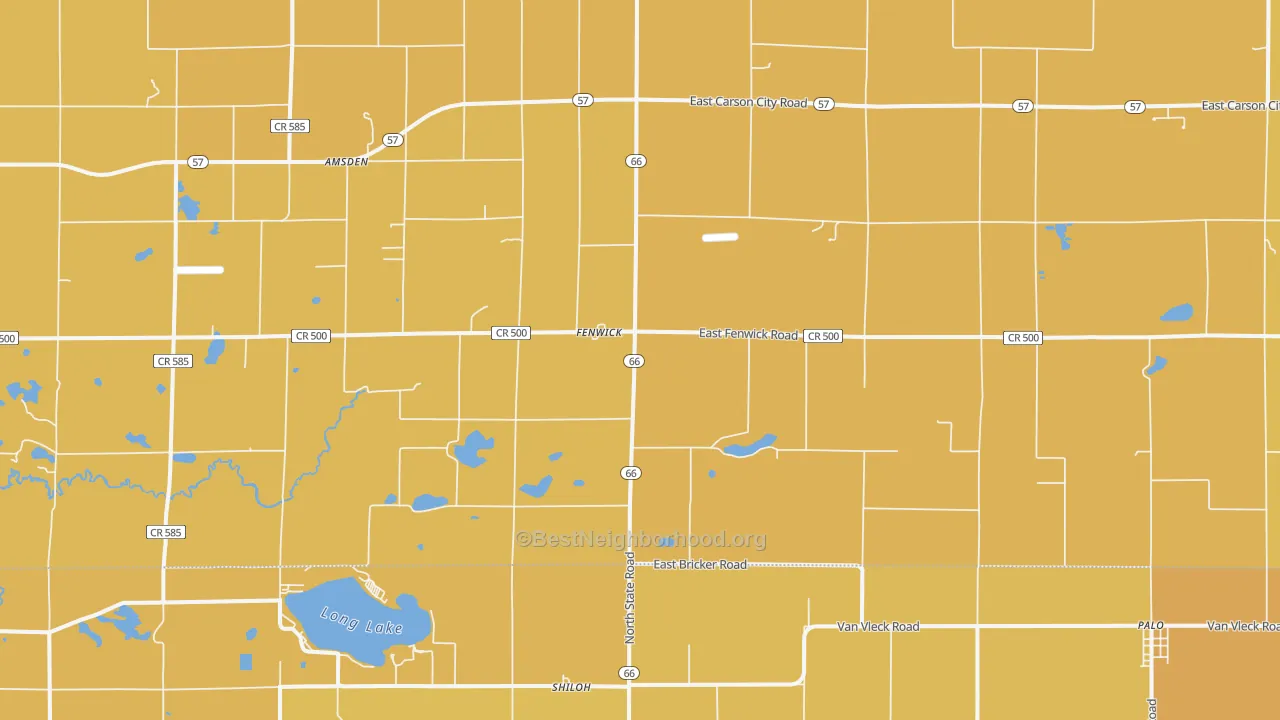 Map of the best neighborhoods in the Fenwick area, with better matches in green and worse matches in red