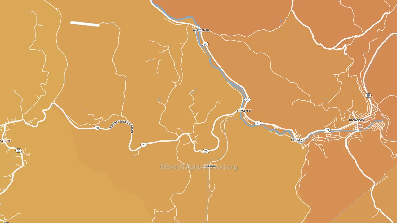 Map of the best neighborhoods in the Fenwick area, with better matches in green and worse matches in red