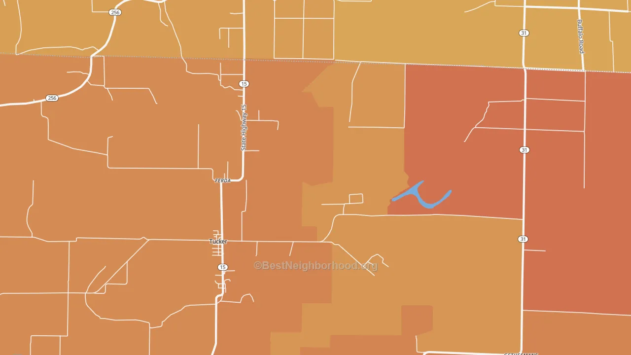 Map of the best neighborhoods in the Ferda area, with better matches in green and worse matches in red