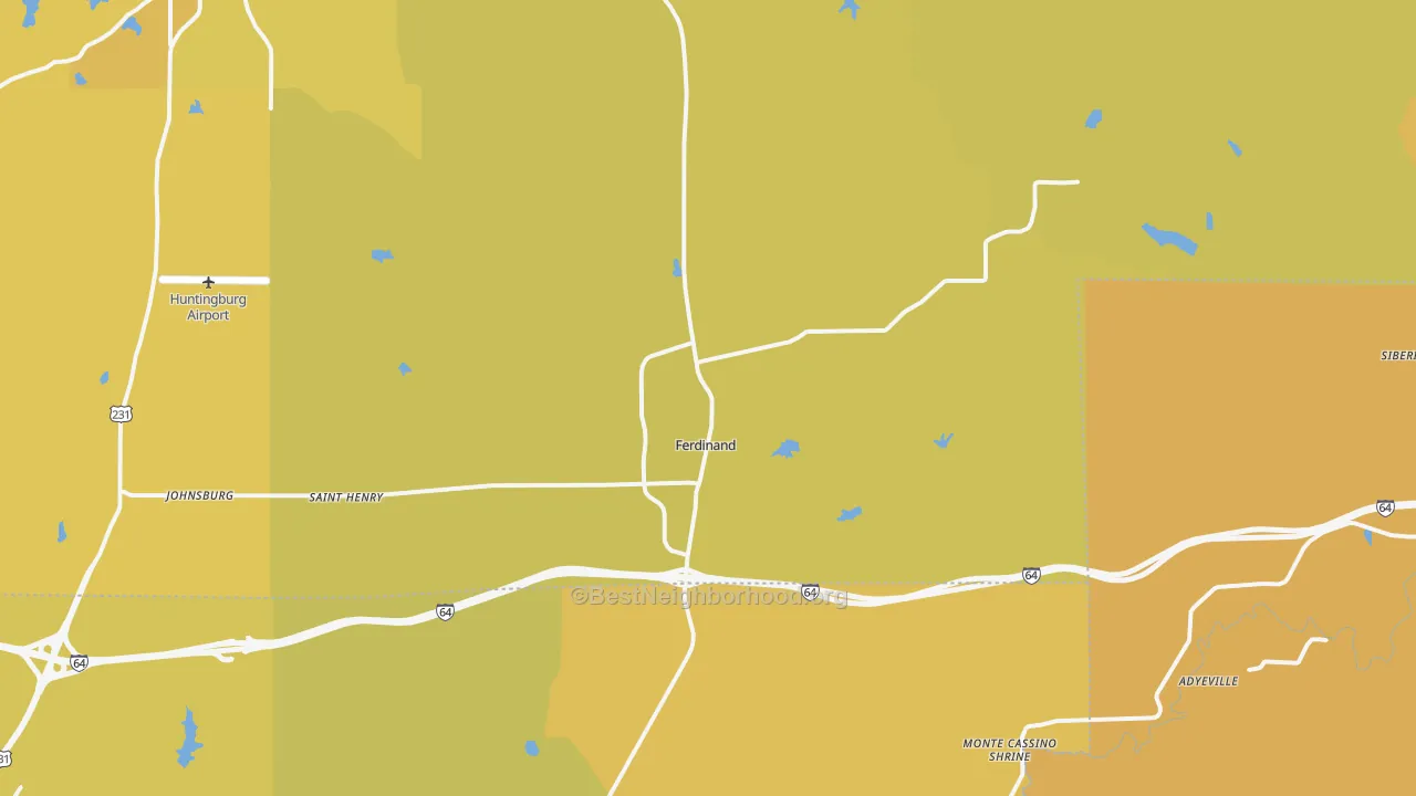 Map of the best neighborhoods in the Ferdinand area, with better matches in green and worse matches in red