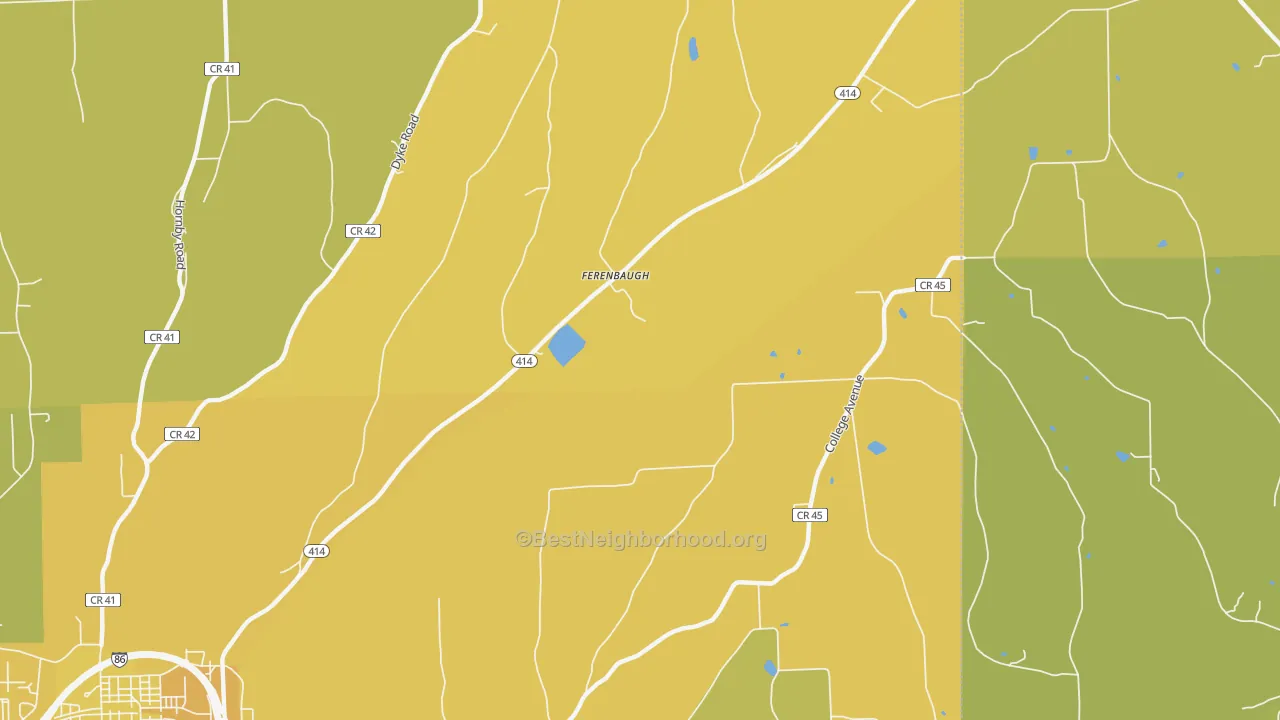 Map of the best neighborhoods in the Ferenbaugh area, with better matches in green and worse matches in red