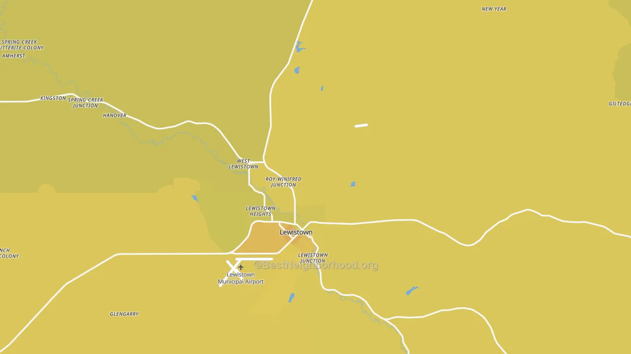 Map of the best neighborhoods in the Fergus County area, with better matches in green and worse matches in red