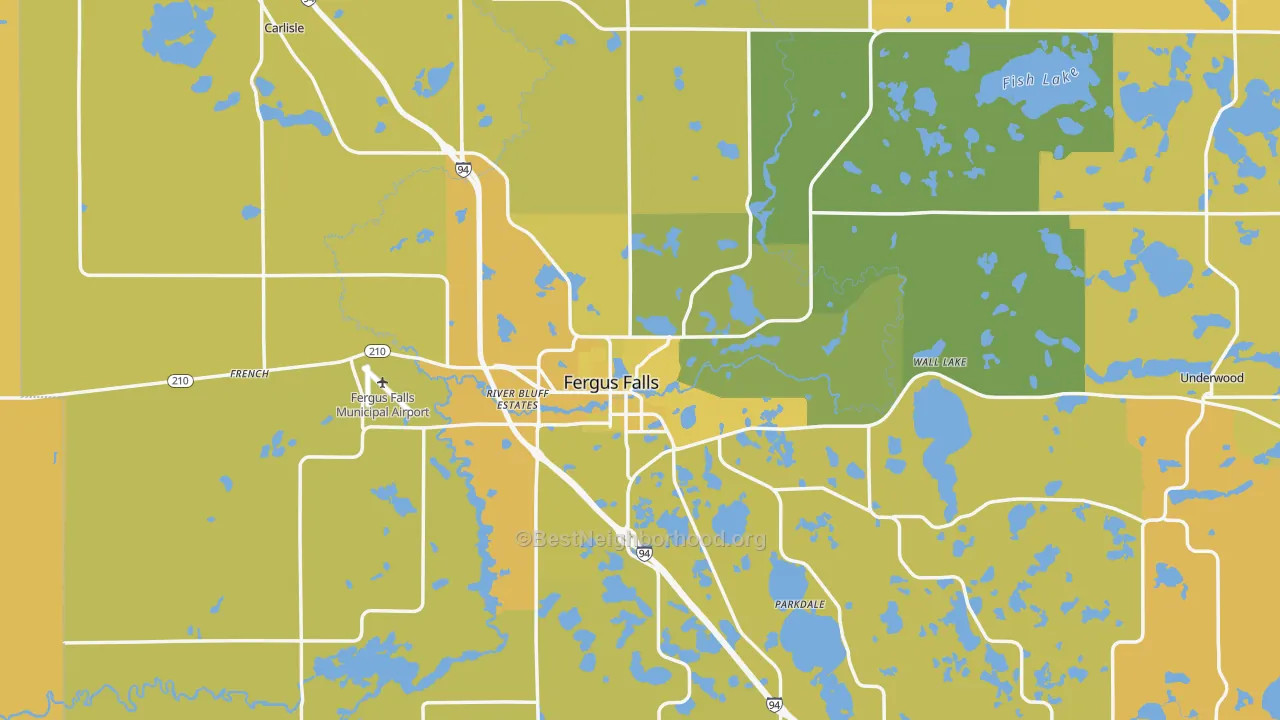 Map of the best neighborhoods in the Fergus Falls area, with better matches in green and worse matches in red