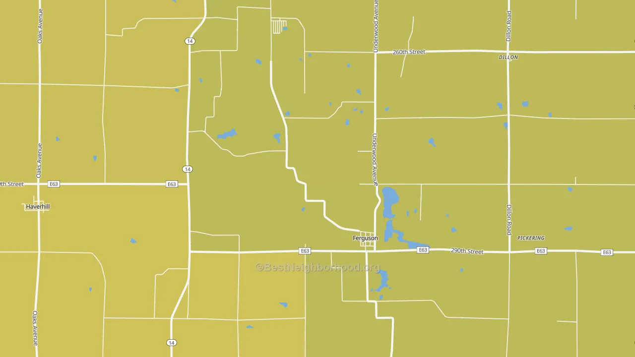 Map of the best neighborhoods in the Ferguson area, with better matches in green and worse matches in red