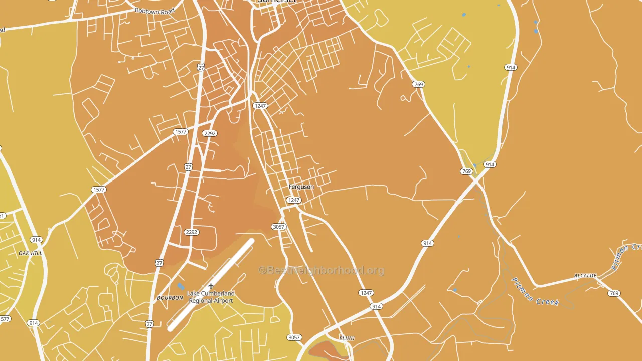 Map of the best neighborhoods in the Ferguson area, with better matches in green and worse matches in red