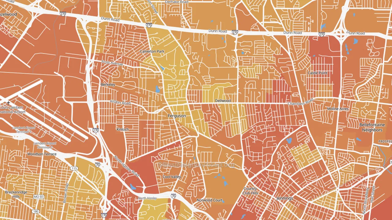 Map of the best neighborhoods in the Ferguson area, with better matches in green and worse matches in red