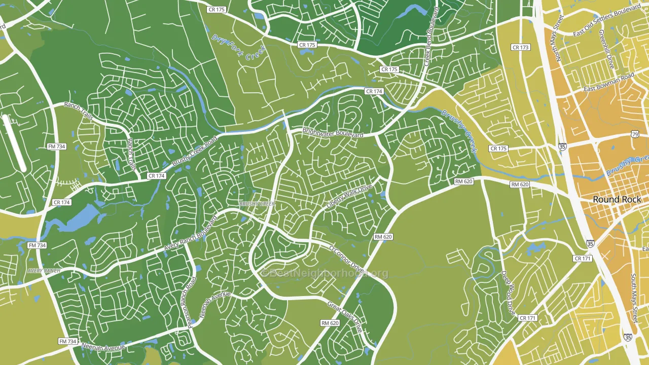 Map of the best neighborhoods in the Fern Bluff, Brushy Creek area, with better matches in green and worse matches in red