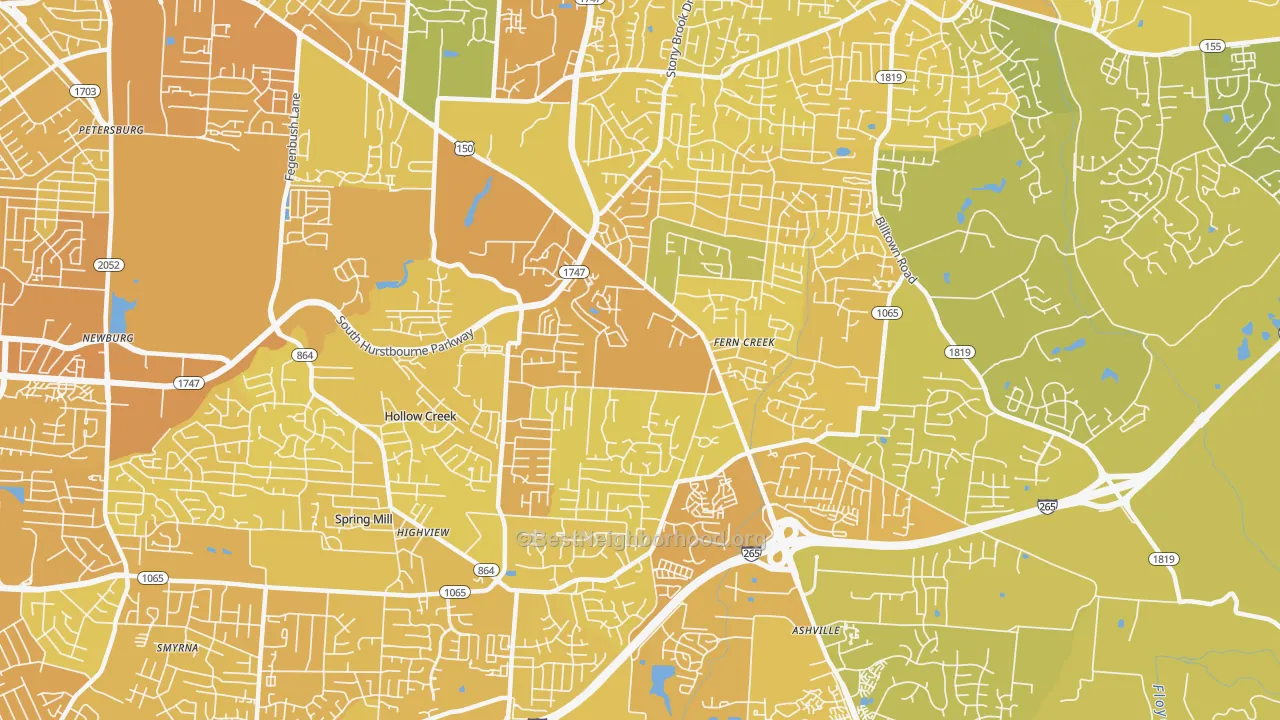 Map of the best neighborhoods in the Fern Creek, Louisville area, with better matches in green and worse matches in red