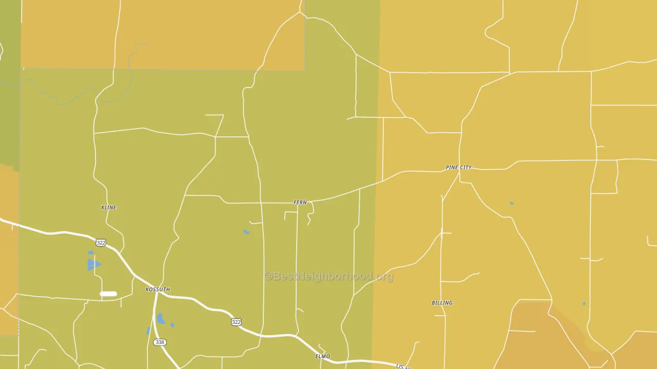 Map of the best neighborhoods in the Fern area, with better matches in green and worse matches in red