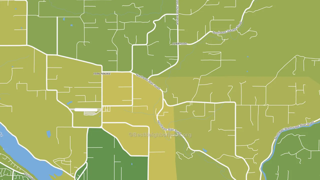 Map of the best neighborhoods in the Fern Prairie area, with better matches in green and worse matches in red