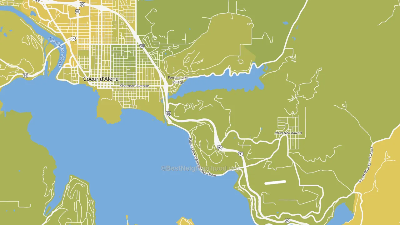 Map of the best neighborhoods in the Fernan Lake Village area, with better matches in green and worse matches in red