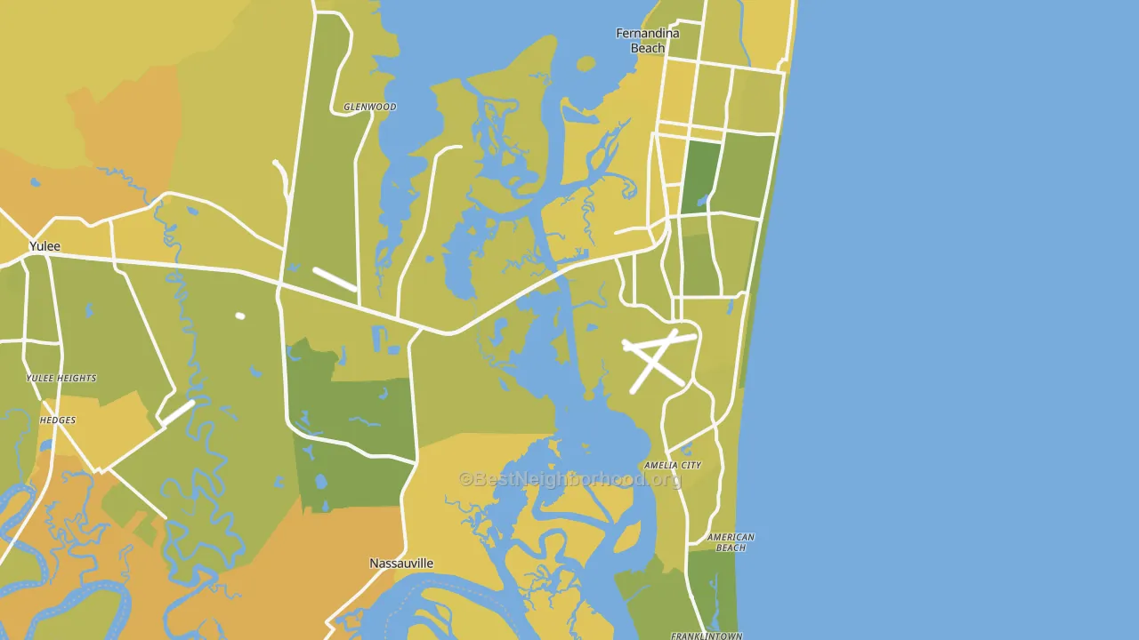 Map of the best neighborhoods in the Fernandina Beach area, with better matches in green and worse matches in red