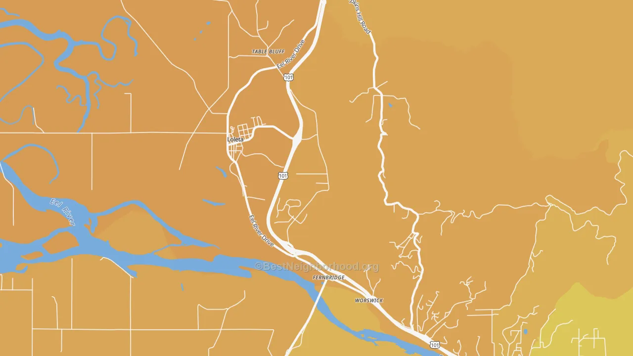 Map of the best neighborhoods in the Fernbridge area, with better matches in green and worse matches in red