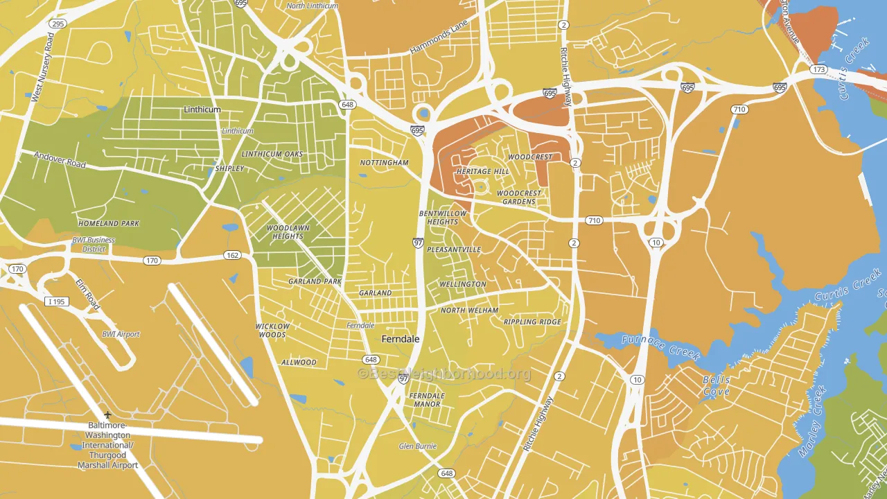 Map of the best neighborhoods in the Ferndale area, with better matches in green and worse matches in red