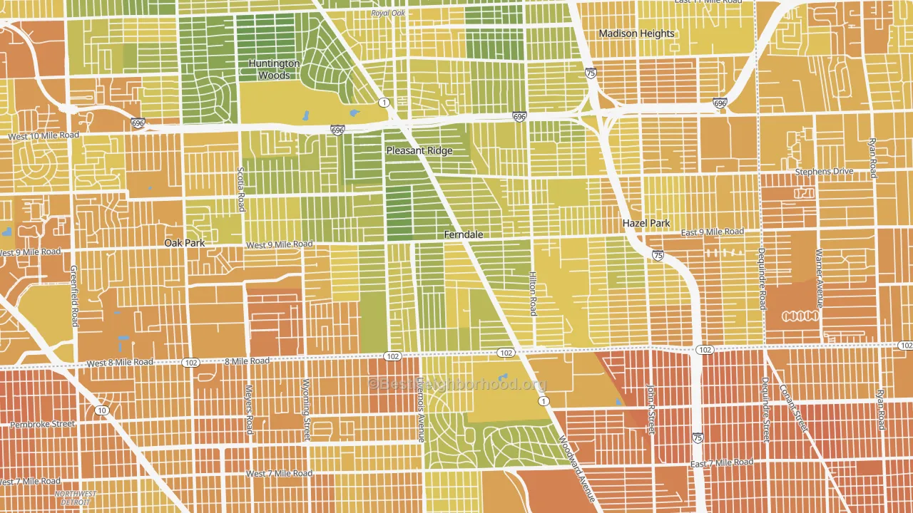 Map of the best neighborhoods in the Ferndale area, with better matches in green and worse matches in red