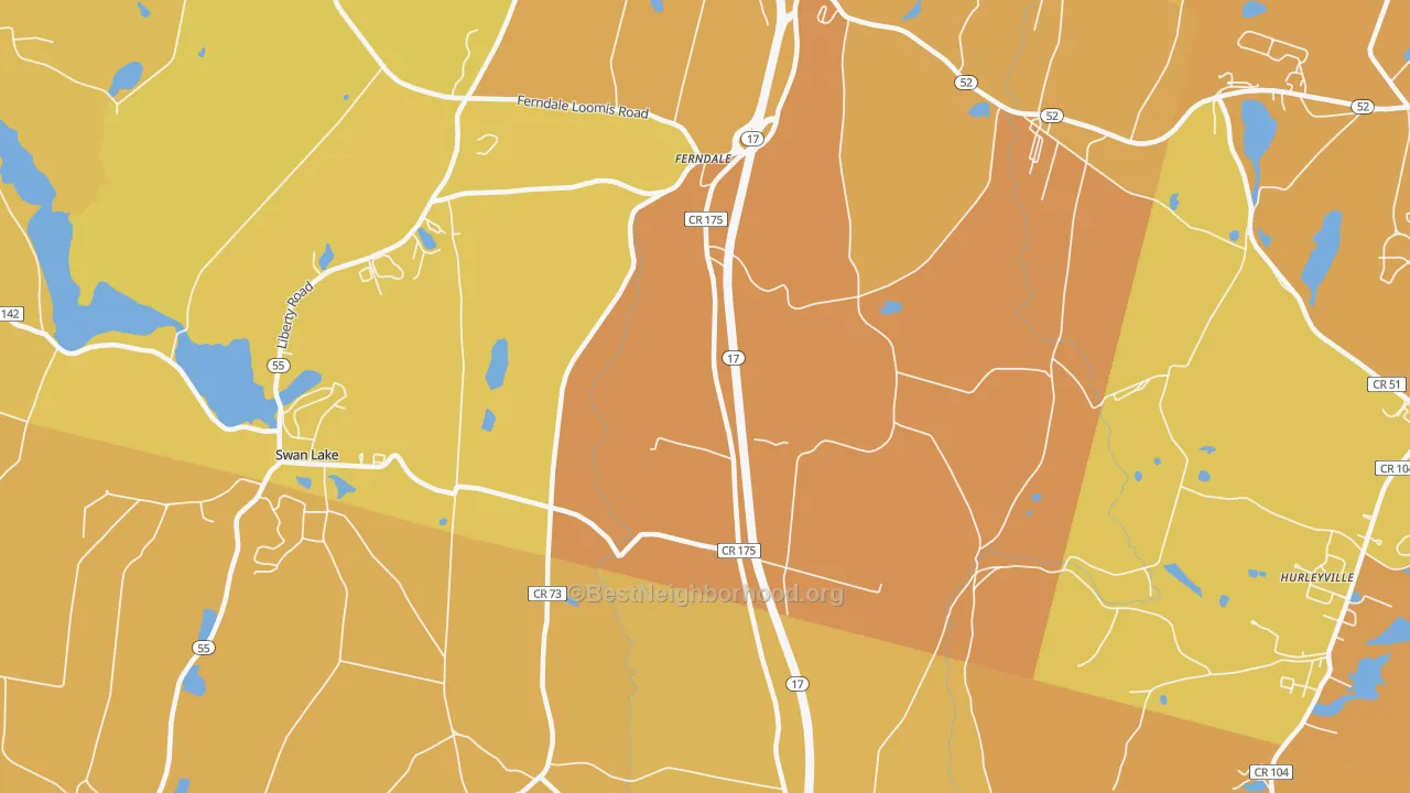 Map of the best neighborhoods in the Ferndale area, with better matches in green and worse matches in red