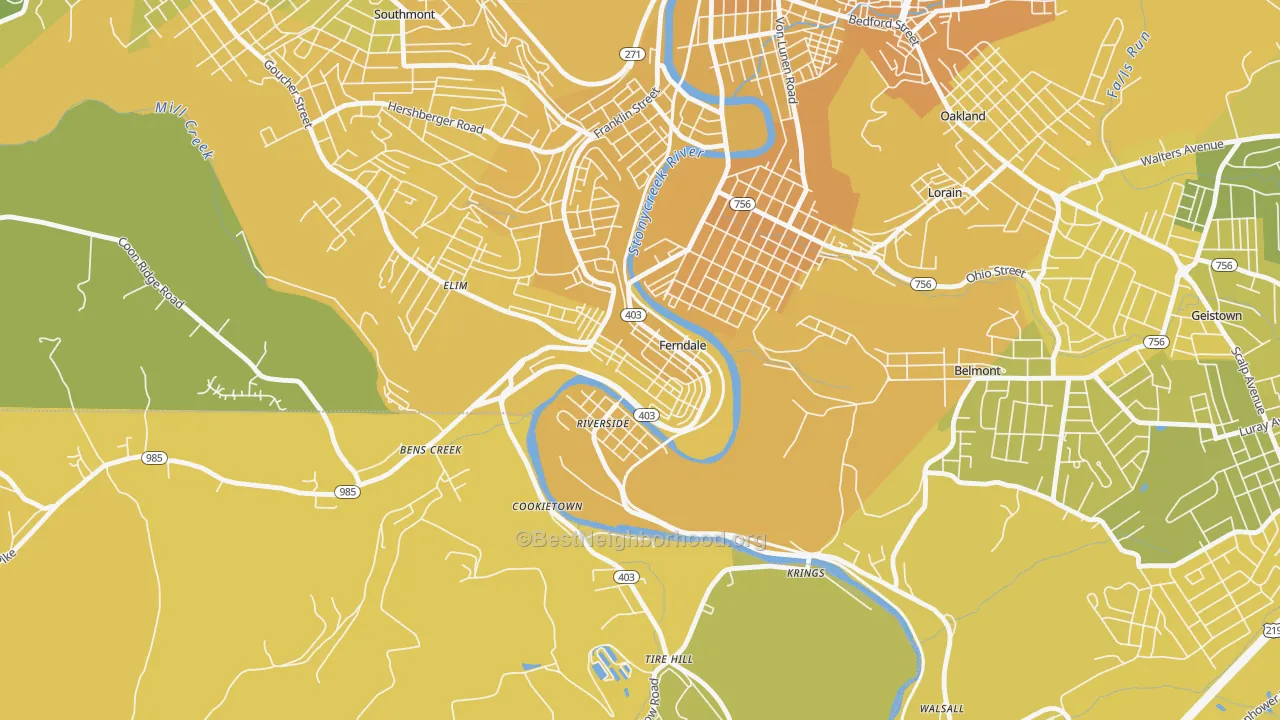 Map of the best neighborhoods in the Ferndale area, with better matches in green and worse matches in red