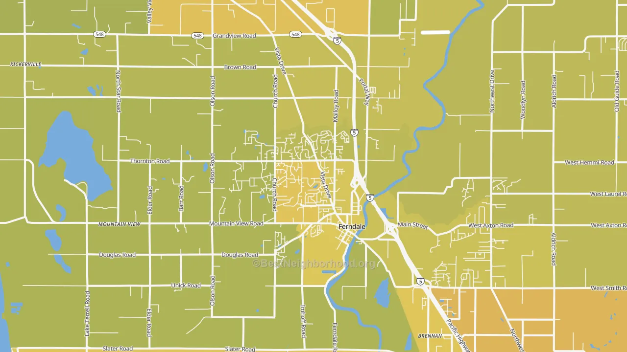 Map of the best neighborhoods in the Ferndale area, with better matches in green and worse matches in red