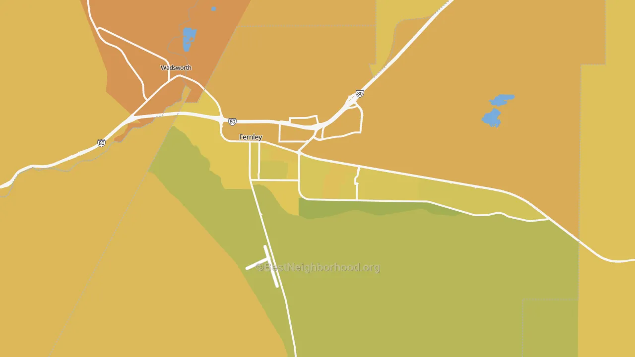 Map of the best neighborhoods in the Fernley area, with better matches in green and worse matches in red
