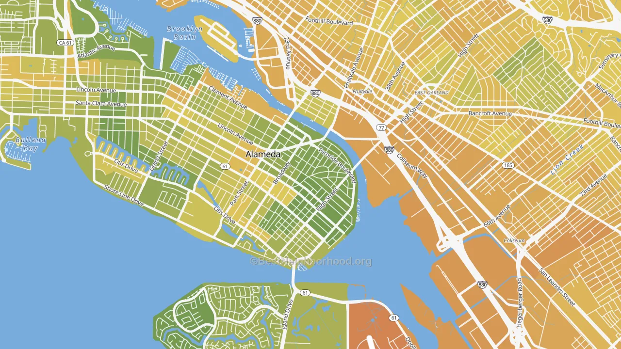 Map of the best neighborhoods in the Fernside, Alameda area, with better matches in green and worse matches in red