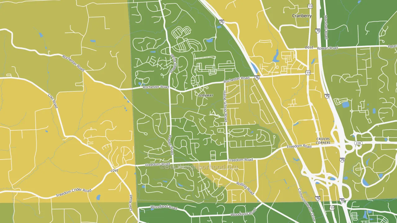 Map of the best neighborhoods in the Fernway area, with better matches in green and worse matches in red