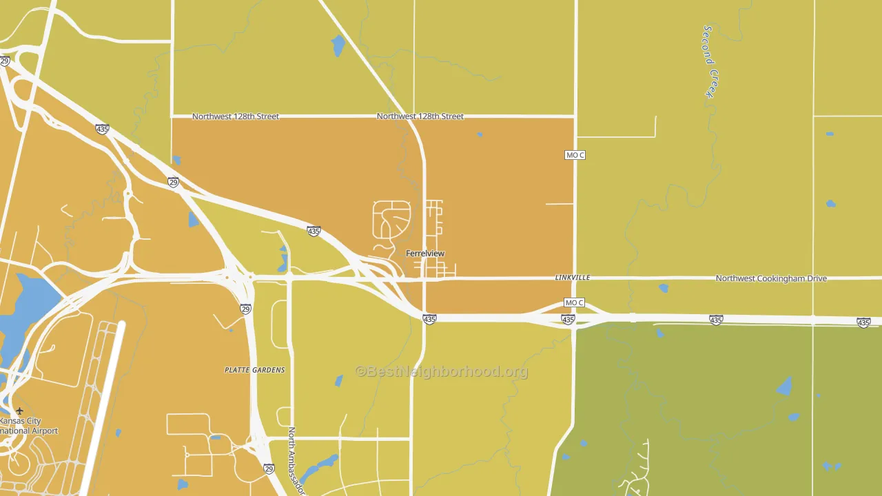 Map of the best neighborhoods in the Ferrelview area, with better matches in green and worse matches in red
