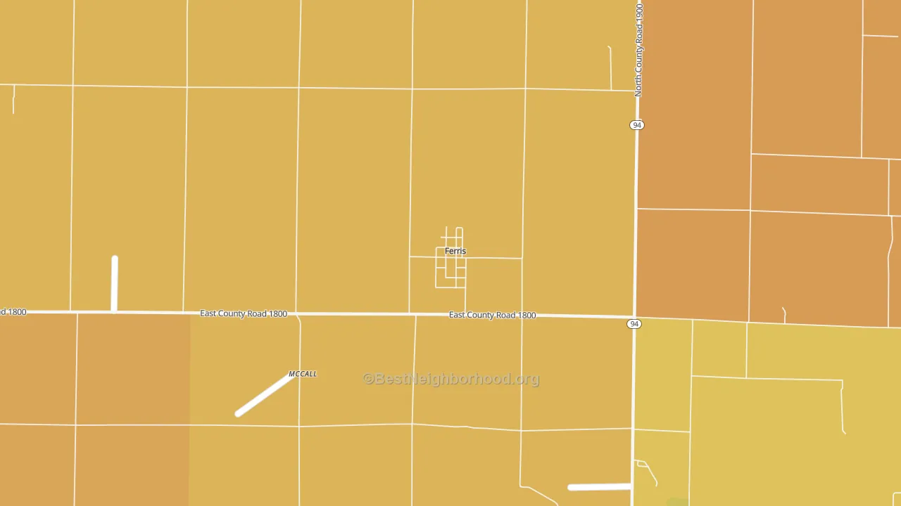 Map of the best neighborhoods in the Ferris area, with better matches in green and worse matches in red