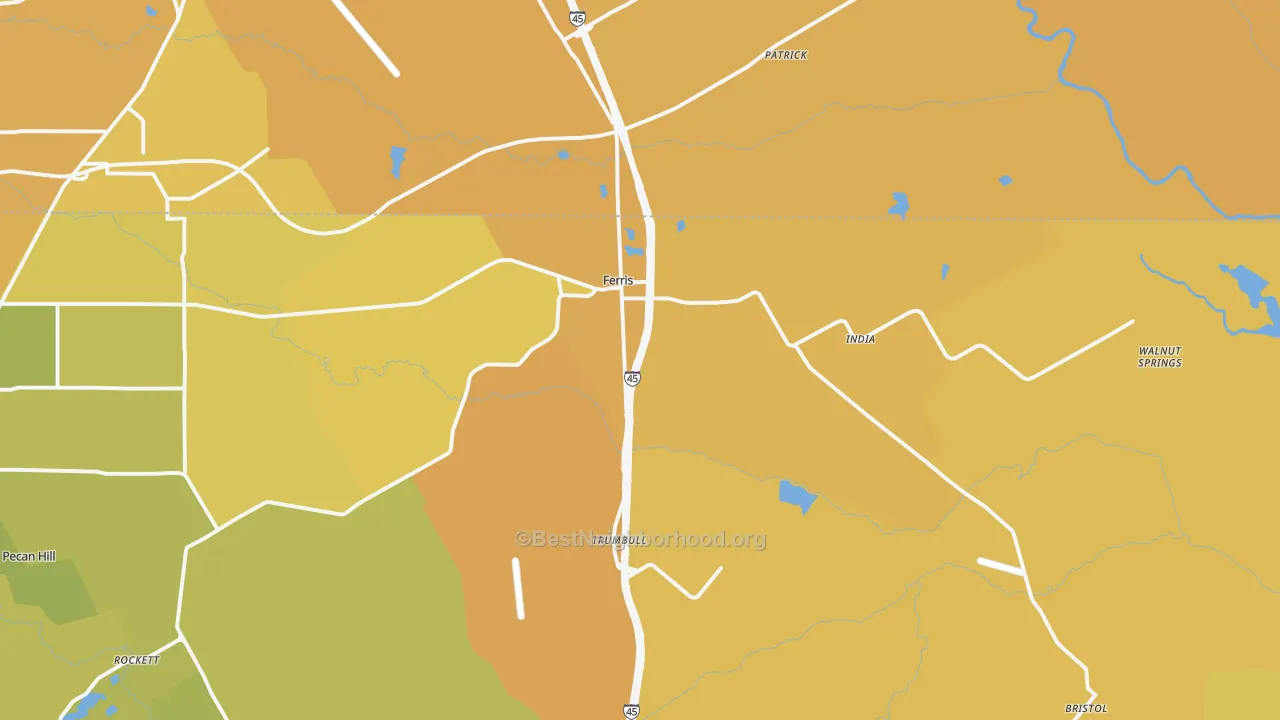 Map of the best neighborhoods in the Ferris area, with better matches in green and worse matches in red