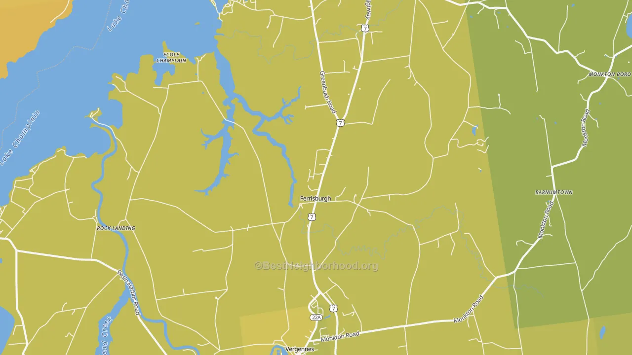 Map of the best neighborhoods in the Ferrisburg area, with better matches in green and worse matches in red