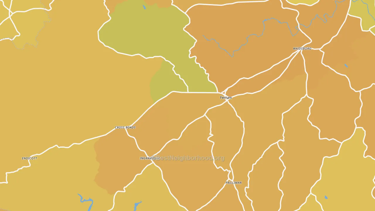 Map of the best neighborhoods in the Ferrum area, with better matches in green and worse matches in red