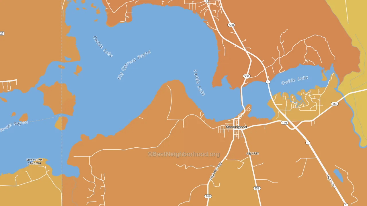 Map of the best neighborhoods in the Ferry Lake area, with better matches in green and worse matches in red