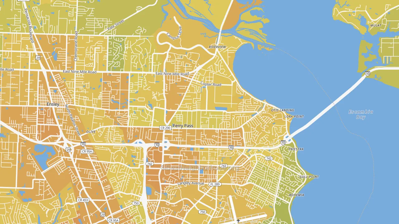 Map of the best neighborhoods in the Ferry Pass area, with better matches in green and worse matches in red